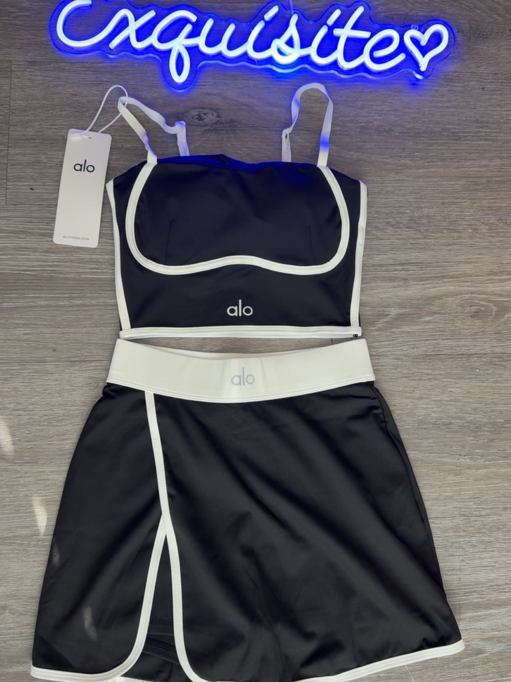 ALO Yoga Black & White Contrast Sports Bra and Skirt Set
